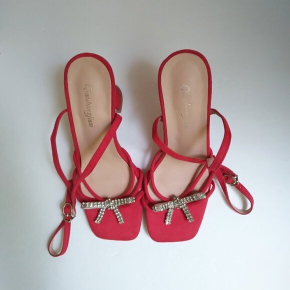 Red  Rhinestone Bow  Square Toe Wrap Around Strappy Sandals Horsehoof Heel Sz 38 - Picture 2 of 9